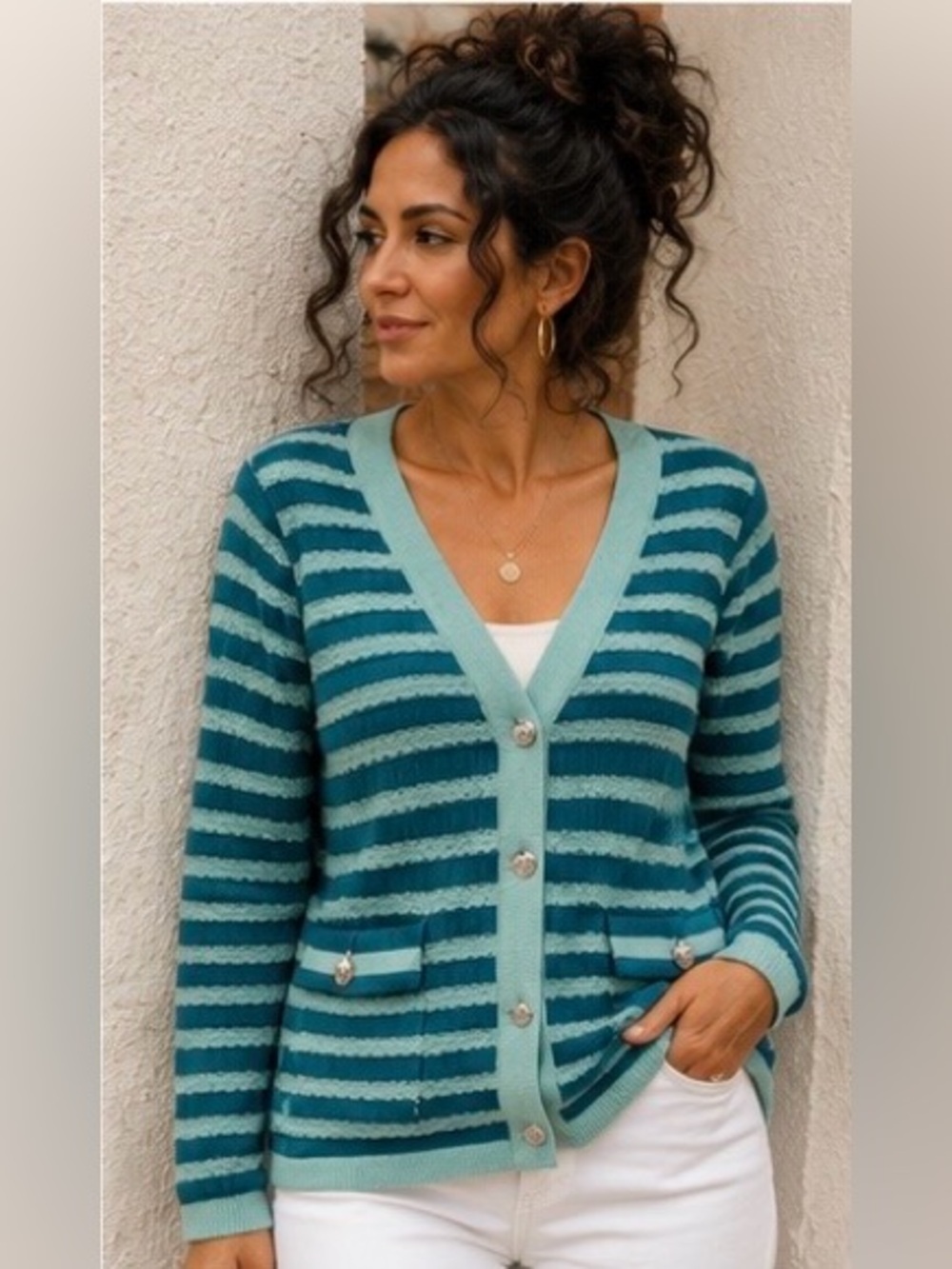 Isaac Mizrahi Live Striped Button Front Cardigan Sweater Medium Teal Aqua